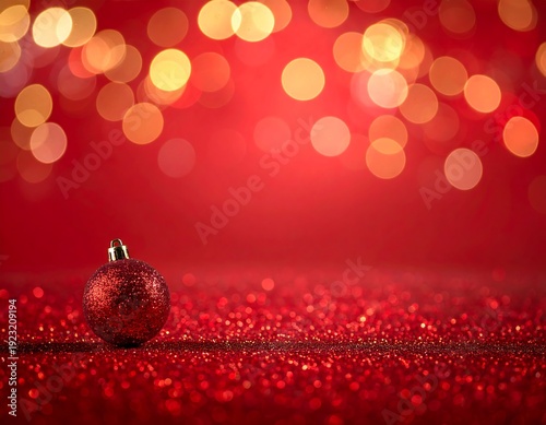 A shiny red Christmas ornament on a glittery surface