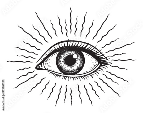 Striking symbolic depiction of a mystical allseeing eye with wavy radiating lines, ideal for use in spiritual emblems, esoteric merchandise, and graphic projects.