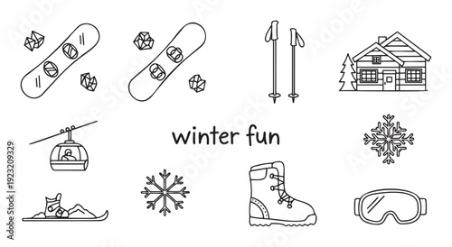 Discover a delightful outline collection of winter sports and leisure objects including snowboards, skis, boots, goggles, poles, a cozy lodge, and intricate snowflakes, perfect for seasonal