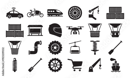 Collection of diverse transportation and industrial related silhouette icons for infographic presentations technology brochures and mobile application interfaces