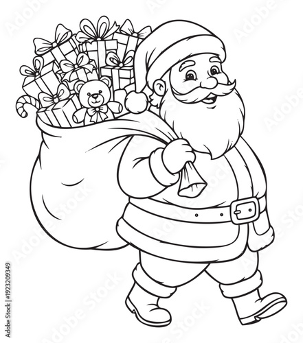 Santa Claus cheerfully carries a big sack overflowing with wrapped presents, a teddy bear, and a candy cane, perfect for holidaythemed childrens coloring books or festive graphic projects.