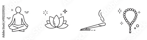 Embrace tranquility and inner peace with serene symbols including a meditating figure, blooming lotus, calming incense smoke, and traditional prayer beads, ideal for holistic lifestyle