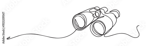 Continuous line drawing of binoculars symbolizing exploration and discovery, ideal for travel, adventure, or educational presentations and visual communication projects.