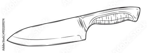 Versatile monochrome line drawing of a sharp culinary knife with a sturdy handle, ideal for cooking blogs kitchen appliance reviews and food preparation guides