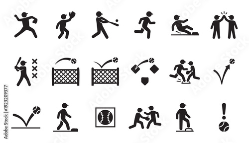 A comprehensive collection of baseball game activity icons illustrating various player actions and ball movements for sports graphic resources, game development, and educational material