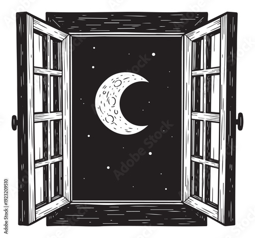 Woodcut style open window framing a beautiful crescent moon and twinkling stars in a dark night sky perfect for serene and dreamy visual storytelling