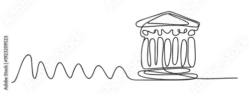 Continuous line drawing depicting a wavy graph evolving into a stable classical columned building, ideal for representing progress, foundation, or analytical growth in corporate