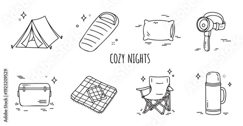 A collection of simple outline camping and outdoor equipment icons, including a tent, sleeping bag, cooler, and chair, perfect for promotional materials and wilderness adventure themes.