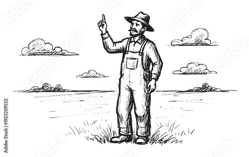 Determined farmer wearing a widebrimmed hat and overalls stands in a rustic field, pointing his finger upwards, symbolizing inspiration or an important idea for agriculture or rural life