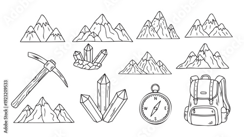 Black outline vector graphics depicting mountain ranges, a pickaxe, crystals, a compass, and a backpack for outdoor adventure and exploration themed applications