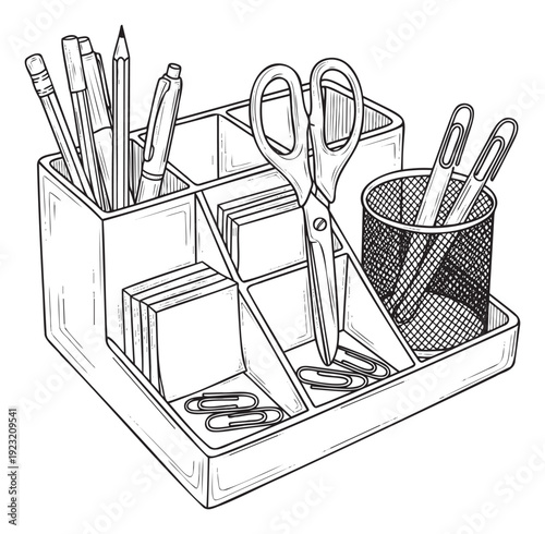 Monochrome line drawing of a desk organizer holding pens, pencils, scissors, sticky notes, and paper clips, ideal for office and academic presentations.