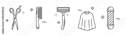 Essential barbershop and hairdressing tools including scissors, comb, razor, and a classic barber pole for professional grooming service promotions and salon branding.