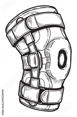 A detailed handdrawn style knee support brace designed for injury prevention and rehabilitation, providing essential joint protection for athletes and active individuals in health and