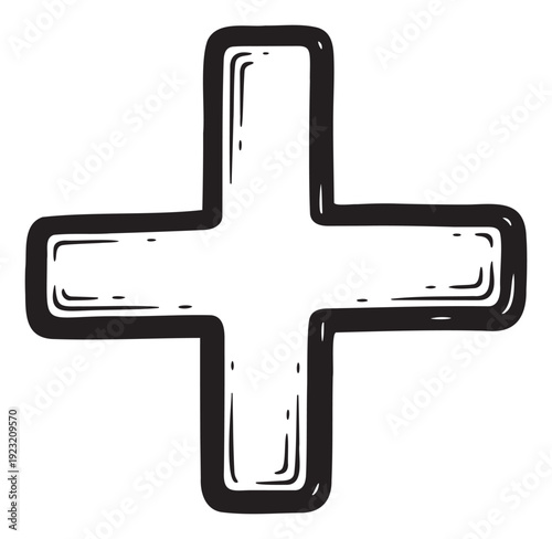 A bold hand drawn black plus sign symbol with rounded edges, suitable for educational materials, mathematical operations, or adding features in user interface applications.