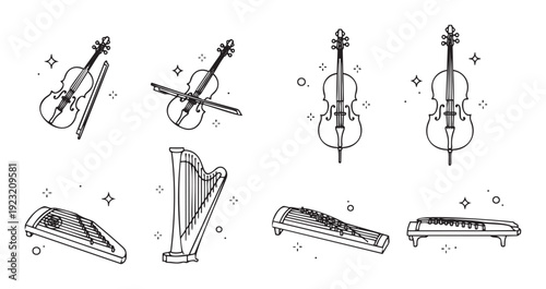 Elegant line drawing collection of classical and traditional string musical instruments including violins cellos harps and zithers perfect for music education posters and concert programs