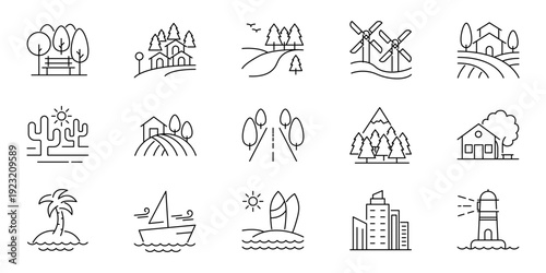 Collection of simplified line art icons representing nature, landscape, and urban elements for design