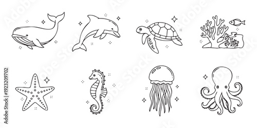 Simple outline drawings of diverse sea creatures including whale dolphin turtle starfish seahorse jellyfish octopus and coral perfect for childrens learning projects