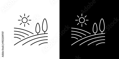 Minimalist line art icon illustration of a serene rural landscape featuring rolling hills, graceful trees, and a shining sun in the sky, perfect for nature-themed designs and web elements