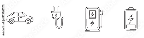 Electric vehicle infrastructure icons featuring a car plug charging station and battery symbol for sustainable transportation and energy solution needs