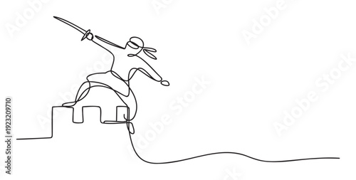 Dynamic one line drawing of an armed warrior with a sword leaping on a fortress wall, ideal for actionoriented graphic communications and historical adventure narratives.