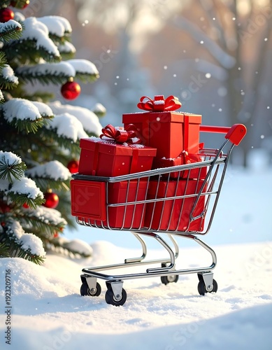 A shopping cart filled with gifts beside a snow-covered Christmas tree