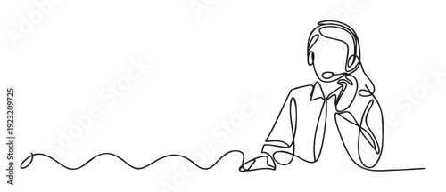 Single line drawing of a customer service representative woman wearing a headset and using a computer mouse, perfect for illustrating concepts of online support, communication, and helpdesk