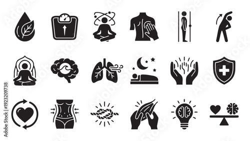 Comprehensive black glyph health and wellness icon collection illustrating physical fitness mental wellbeing relaxation and healthy lifestyle concepts for various digital applications.