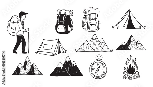 Collection of handdrawn black and white icons representing hiking, camping, and outdoor adventure essentials including a hiker, backpacks, tents, mountains, a compass, and a campfire,