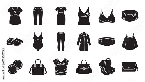 Comprehensive collection of silhouette icons representing maternity clothing, postpartum support wear, and baby care essentials for pregnancy, new mother resources, or baby product
