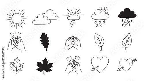 A collection of simple line icons showcasing weather conditions, diverse leaf shapes, and human hands symbolizing love and nature for web and graphic design projects.