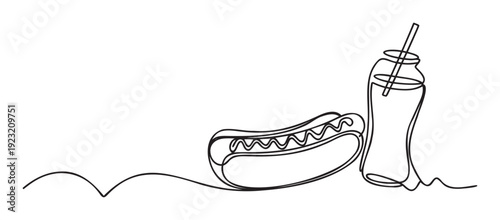 Minimalist one line drawing of a classic hot dog with mustard alongside a refreshing bottled drink, perfect for modern food service branding and digital advertisements.