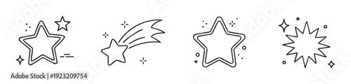 Diverse set of whimsical hand drawn star symbols and sparkling shapes perfect for adding a touch of magic to any graphic project, web decorations, or celebratory designs.