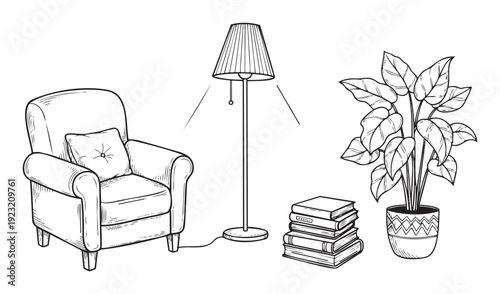 Cozy living space essentials including a comfortable armchair, standing floor lamp, stacked books, and lush potted plant, perfect for home decor and lifestyle projects.