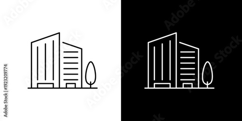 Modern urban buildings and tree line art icon illustration, symbolizing city life, architecture, business, and real estate development on a clean background