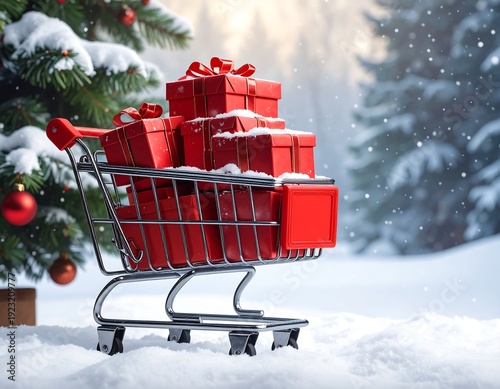 A shopping cart filled with gifts in a snowy forest