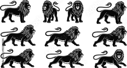 Collection of stylized lion silhouettes with prominent mane, bold wildlife vector illustration symbolizing strength, courage, nature, design content