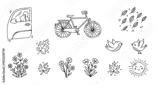 Simple hand drawn outline graphics depicting outdoor and travel concepts such as a bicycle, a car door, blooming flowers, falling leaves, singing birds, and a happy sun, perfect for a