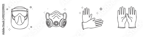 Essential personal protective gear for health and safety, featuring face shield, respirator, and medical gloves, suitable for pandemic awareness and industrial safety information resources.