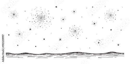 Hand drawn starry night sky with intricate star clusters and a subtle horizon line, perfect for celestial themed projects, astronomy presentations, or minimalist graphic designs.