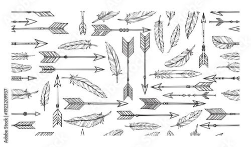 Hand drawn black and white feathers and arrows scattered randomly for a bohemian and tribal aesthetic, suitable for textiles, decor, or graphic projects