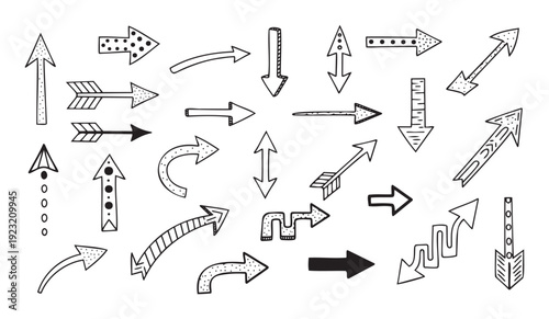 A collection of hand drawn doodle arrows in various styles and directions suitable for user interface guidance, infographic design, and visual communication projects.