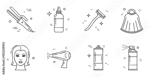 Collection of black and white line icons representing professional hair care, styling, and grooming essentials, perfect for website graphics, mobile applications, and beauty related content.
