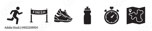 Essential running and outdoor sport icons depicting a runner, finish line, athletic shoe, water bottle, stopwatch, and map, ideal for fitness tracking, event planning, and active lifestyle