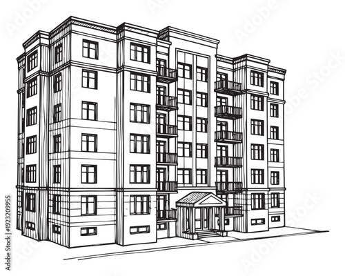 Architectural line drawing of a multistory residential building with balconies and a prominent entrance, suitable for real estate advertising, urban development plans, and property