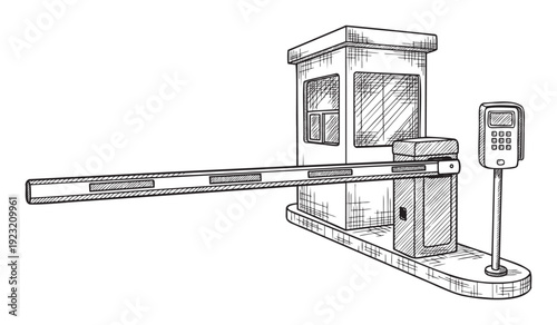 Ink sketch portraying a gate entry security checkpoint with a barrier arm, an operator cabin, and an access code panel ideal for parking facility operations and perimeter control