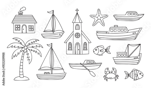 Simple line drawings depicting a charming seaside village scene with various boats, a house, a church, a palm tree, and marine life, suitable for childrens activity books and educational