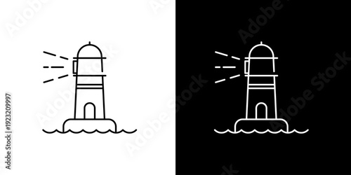 Minimalist line art lighthouse icon illuminating the sea, symbolizing guidance, navigation, and coastal safety for maritime travel applications and design