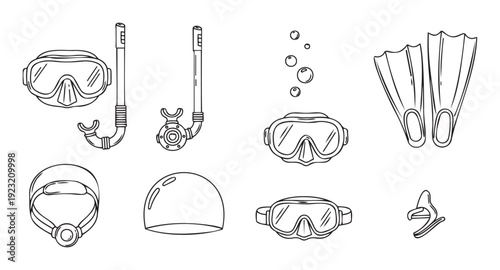 Complete collection of essential swimming and diving equipment including goggles snorkels fins and caps suitable for summer vacation advertisements water sports education and aquatic