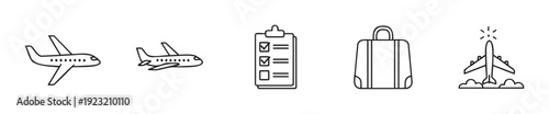 Collection of outline icons for air travel including passenger planes, a travel preparation checklist, and luggage, perfect for web, mobile applications, and informational graphics