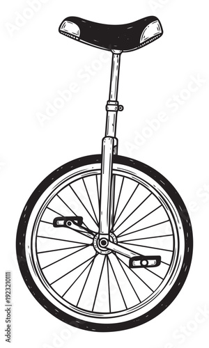 Black and white graphic unicycle drawing perfect for circus themed event branding, balance sport logos, or vintage entertainment educational materials